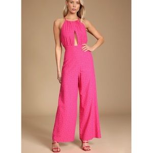 NWT Lulus Style That Wows Hot Pink Floral Jacquard Wide-Leg Jumpsuit